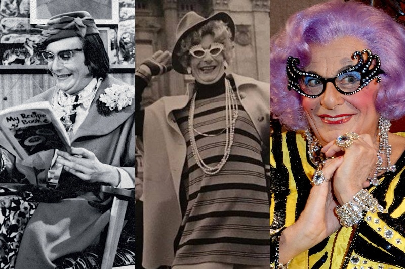 Composite image of three pictures of Barry Humphries as Dame Edna, starting with the oldest on the left and newest on the right