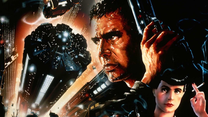 A Blade Runner movie poster: Harrison Ford holding a gun with a space shit in the background, Sean Young foreground.