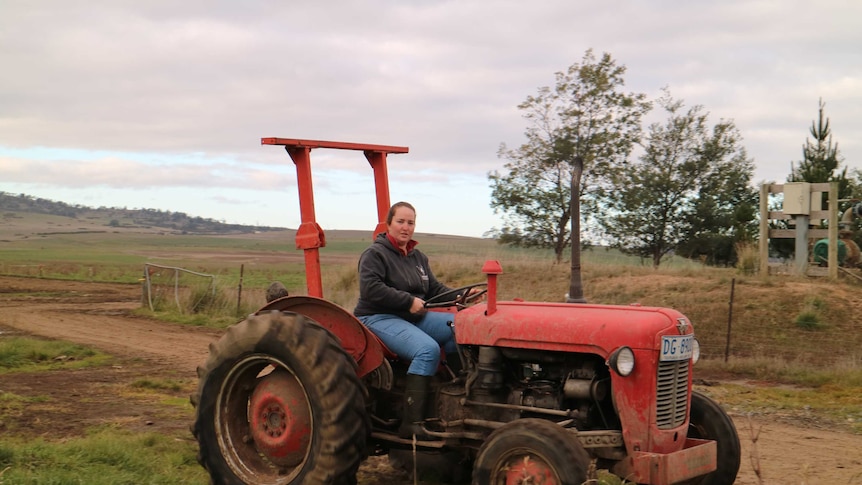 Amanda Bayles is sitting in her red Massey Ferguson tractor