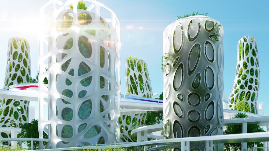 Digital generated image of abstract futuristic buildings with vertical gardens and speed train in between