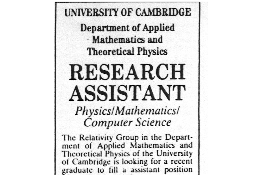 The job advert for Stephen Hawking's graduate assistant that Tim Hunt responded to.