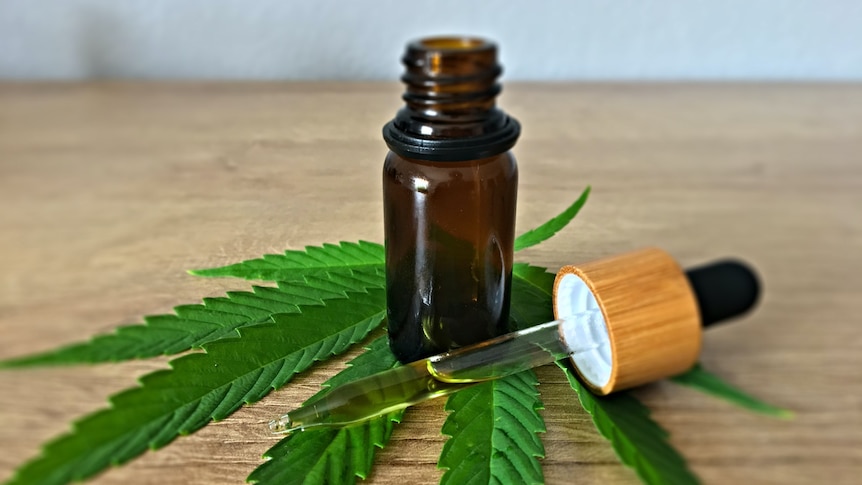 A brown-tinted glass bottle with an eye dropper sitting on a marijuana leaf.