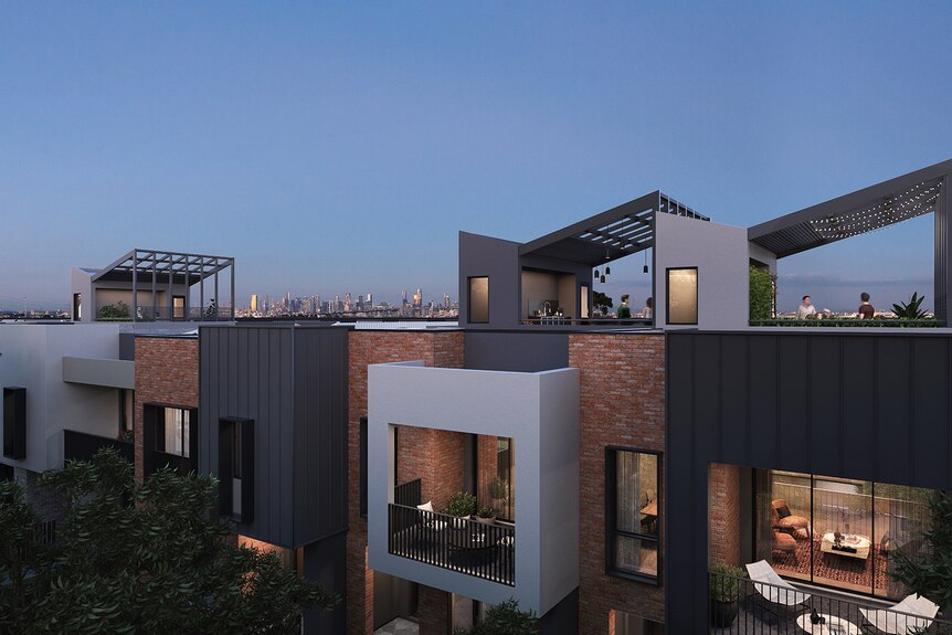 Two-storey townhouses with balconies and rooftop terraces