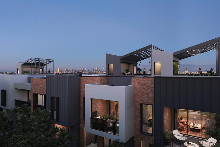 Two-storey townhouses with balconies and rooftop terraces