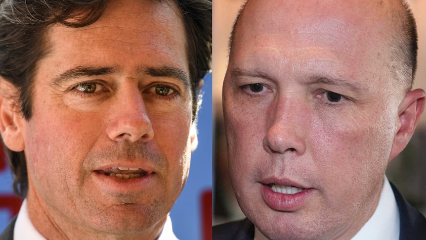 A composite image shows Gillon McLachlan looking towards the right and Peter Dutton looking towards the left.