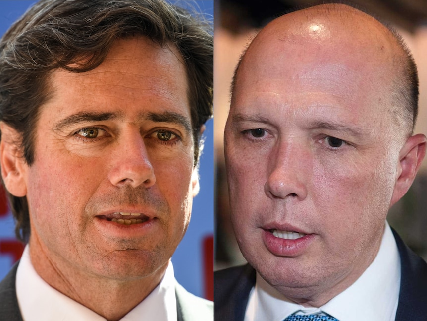 A composite image shows Gillon McLachlan looking towards the right and Peter Dutton looking towards the left.