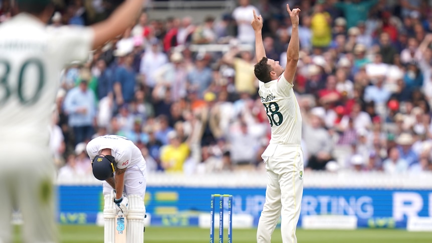Josh Hazlewood holds his arms in the in celebration while a despairing Ben Stokes keels over his bat