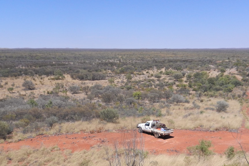 Une vue de l'outback dans le NT.  Il y a des arbustes, de la terre rouge et un ute au premier plan.