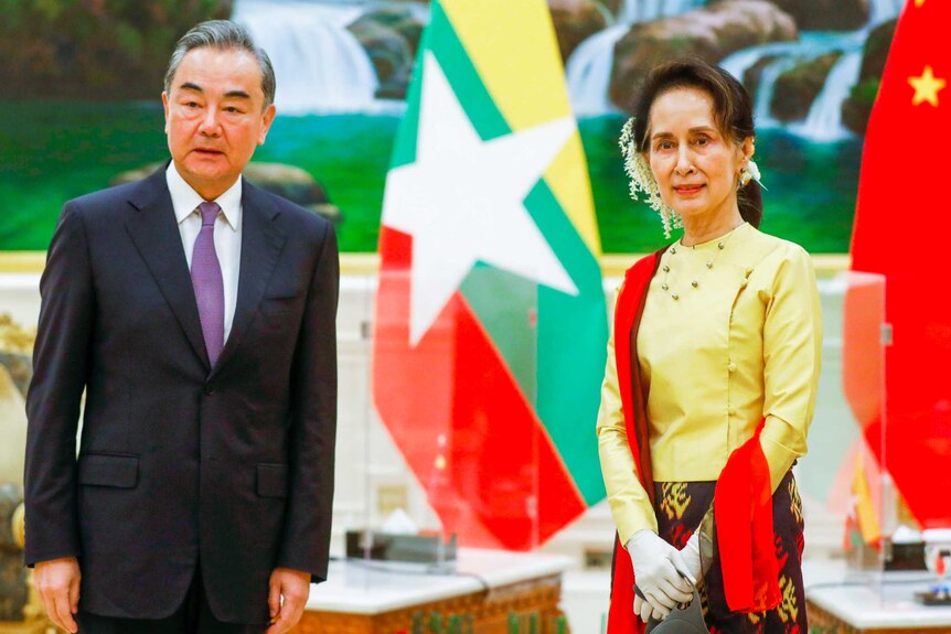Aung San Suu Kyi with white flowers in her hair standing next to Wang Yi