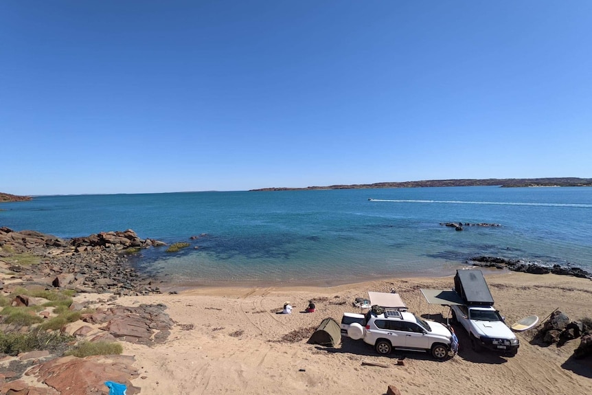 A group of people camping on the beach.