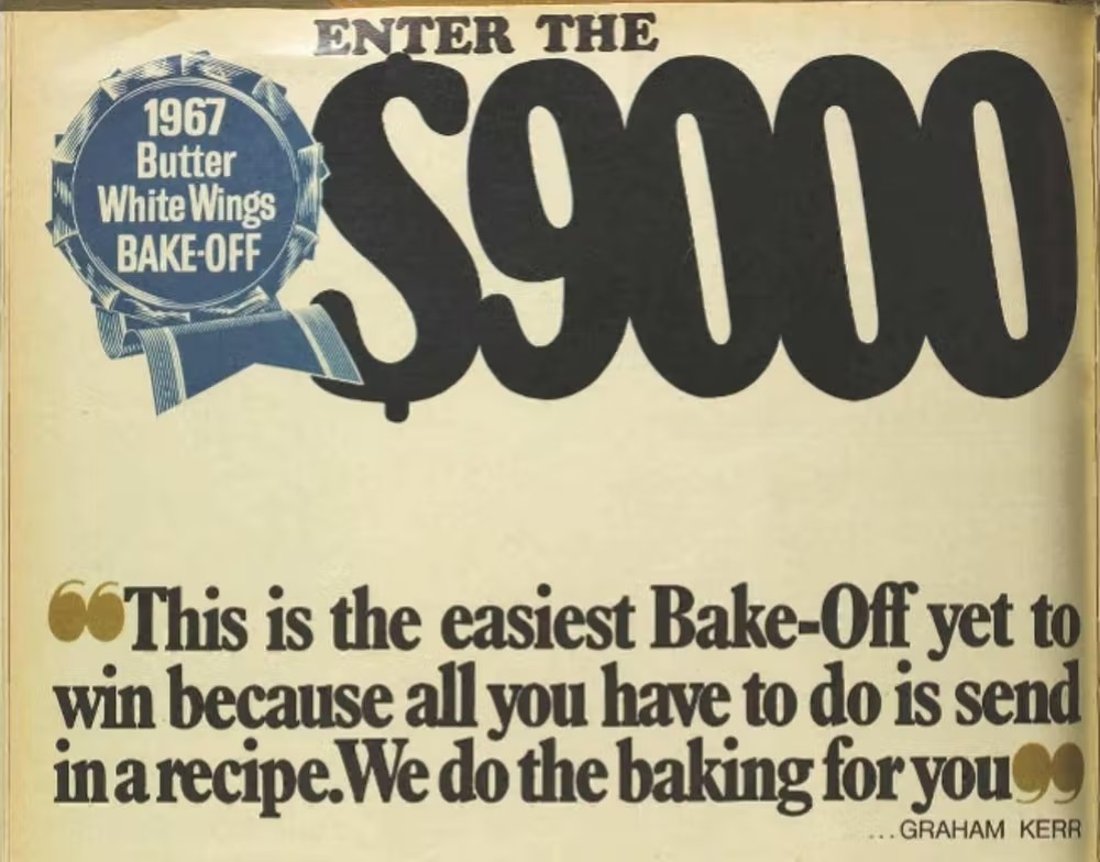 Vintage magazine ad offering $ 9000 to the winner of a baking competition
