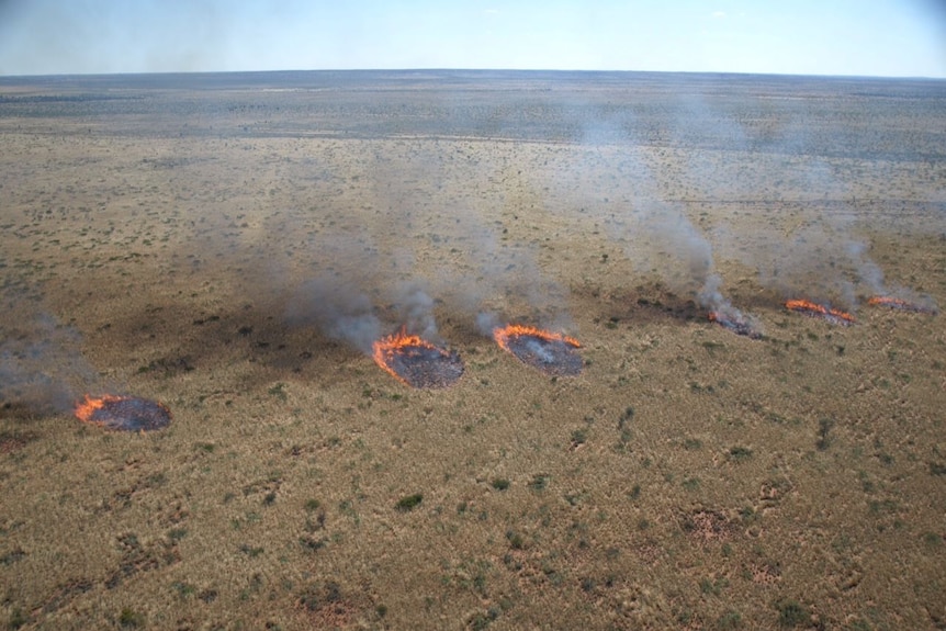 Horsehoes of fire burn in the landscape, viewed from the sky.