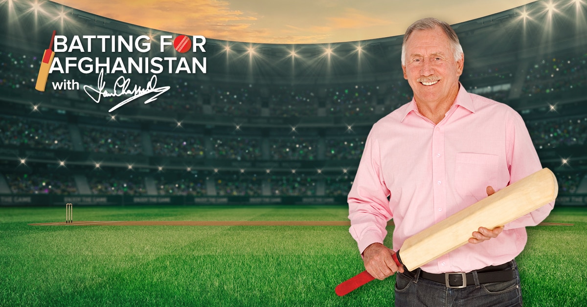 Ian Chappell holds a bat and smiles in a promotional shot. A cricket oval is superimposed as the background.