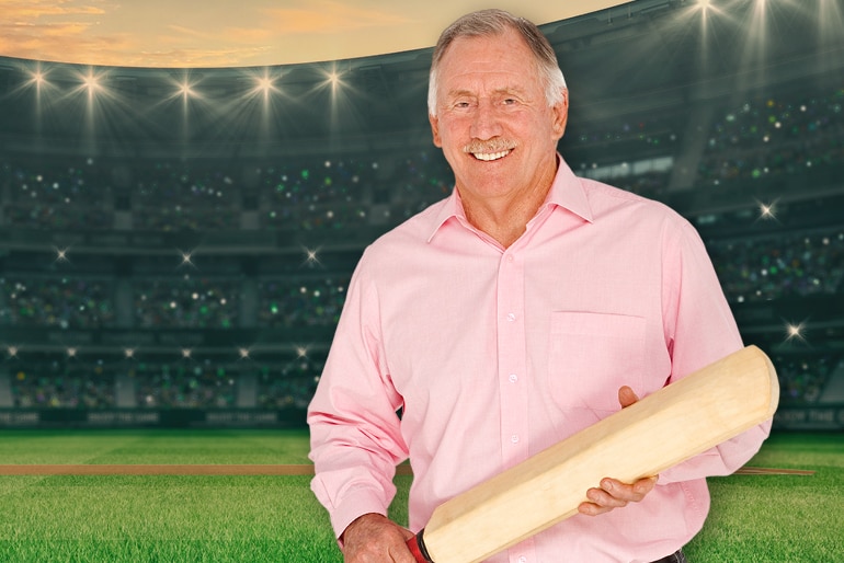Ian Chappell holds a bat and smiles in a promotional shot. A cricket oval is superimposed as the background.