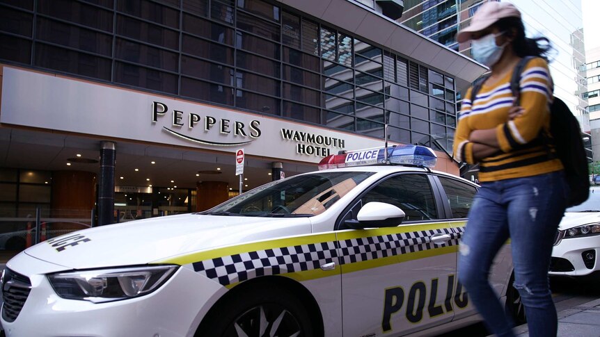 A police car is parked in front of the Peppers Waymouth Hotel in Adelaide's CBD.