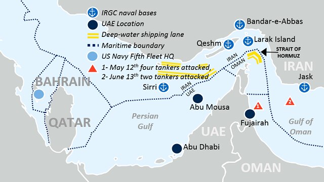 A map of key strategic points near the Strait of Hormuz