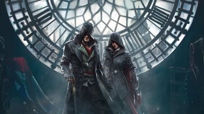 A hooded man with a cane and a hooded woman standing in front of the clock at Big Ben.