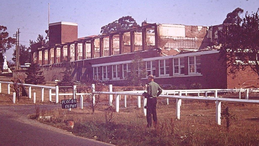 Snug Area School with sign for fodder depot a few days after the 1967 bushfire