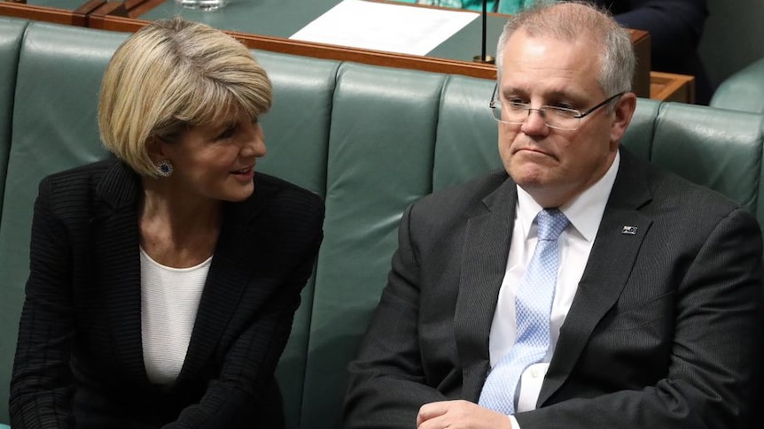 Julie Bishop and Scott Morrison sit next to each other in the lower house on the 23rd of August, 2018.