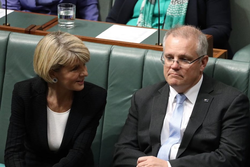 Julie Bishop and Scott Morrison sit next to each other in the lower house on the 23rd of August, 2018.