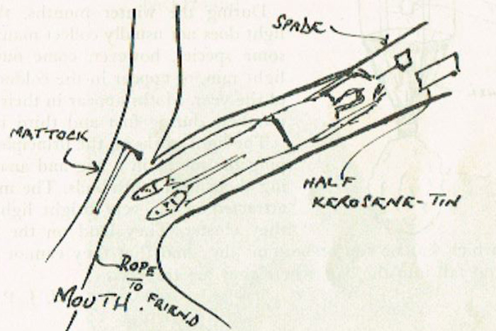 Schoolboy Peter Nicholson draws himself exploring a burrow