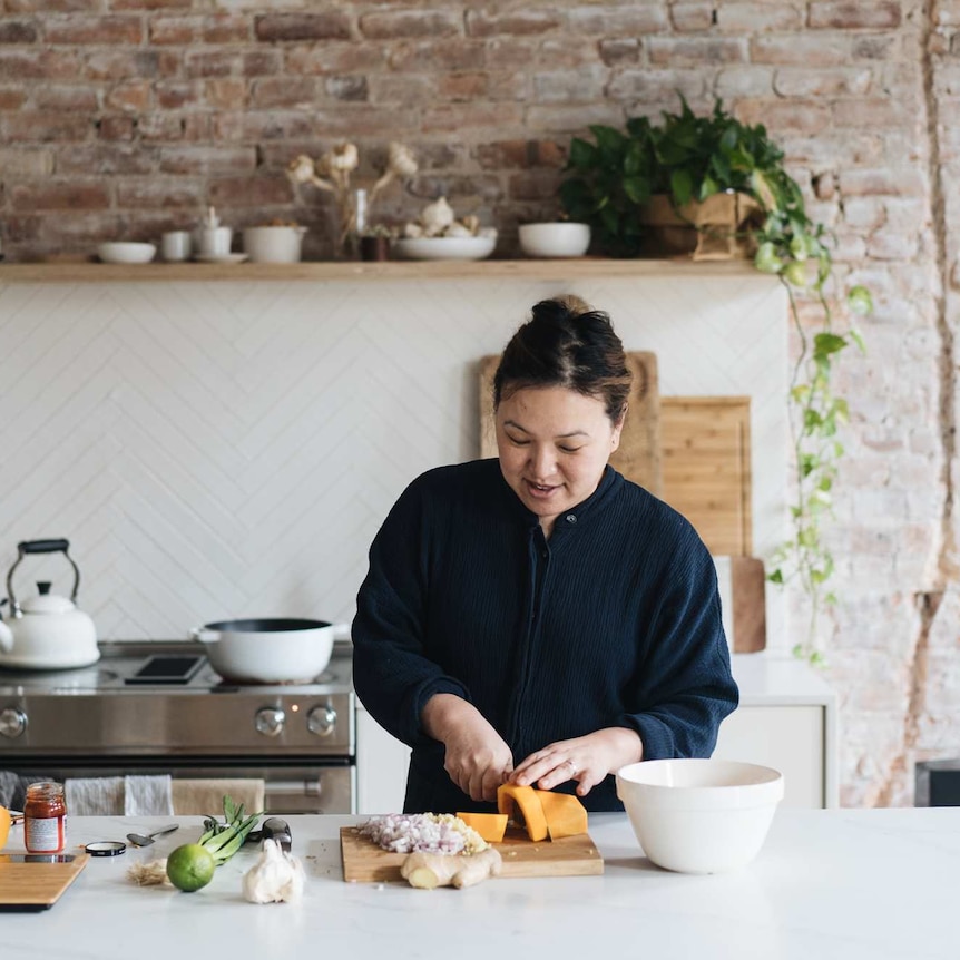 Hetty McKinnon prepares a spiced pumpkin soup in a Brooklyn kitchen, a classic vegetarian main.