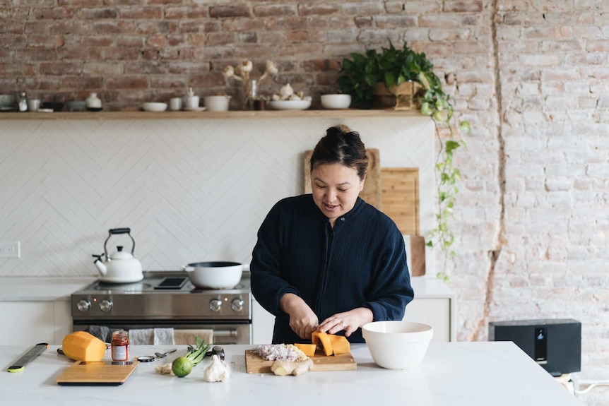 Hetty McKinnon prepares a spiced pumpkin soup in a Brooklyn kitchen, a classic vegetarian main.