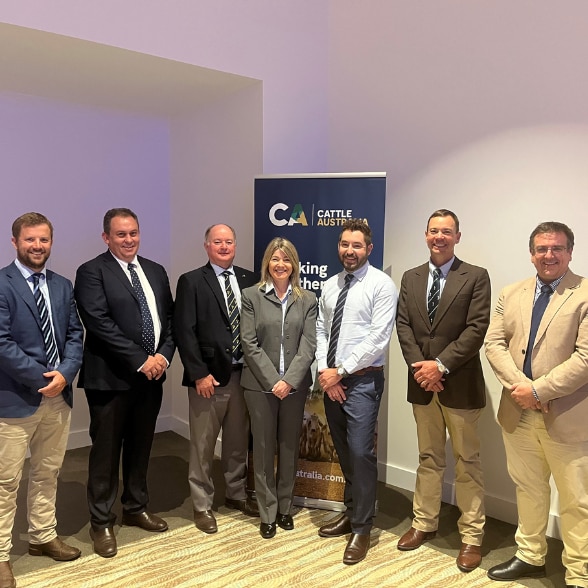 Six men and one woman stand in front of a cattle australia banner