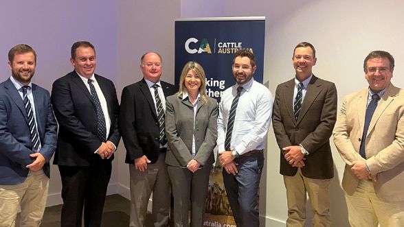 Six men and one woman stand in front of a cattle australia banner