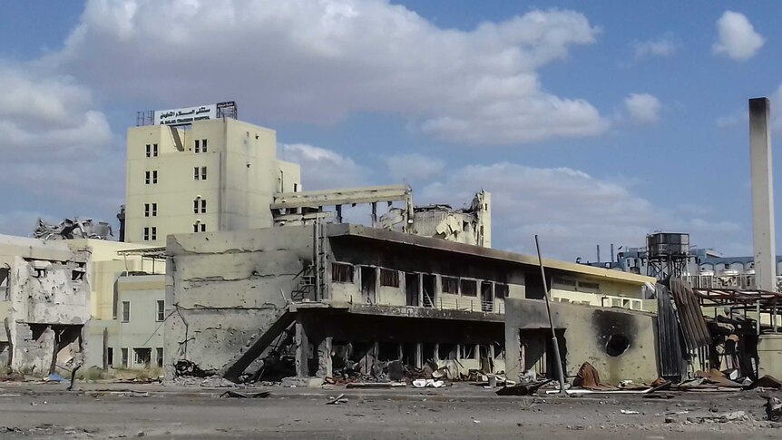 hospital building destroyed by bombs during the battle for Mosul