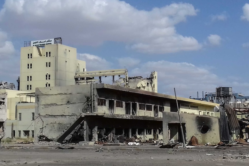 hospital building destroyed by bombs during the battle for Mosul