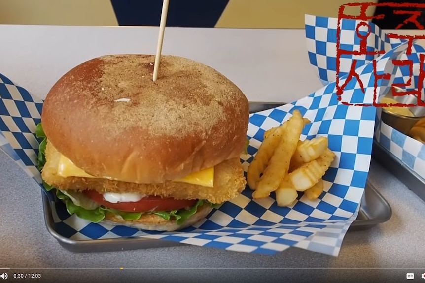 A fishburger sits on blue and white paper with a handful of fries