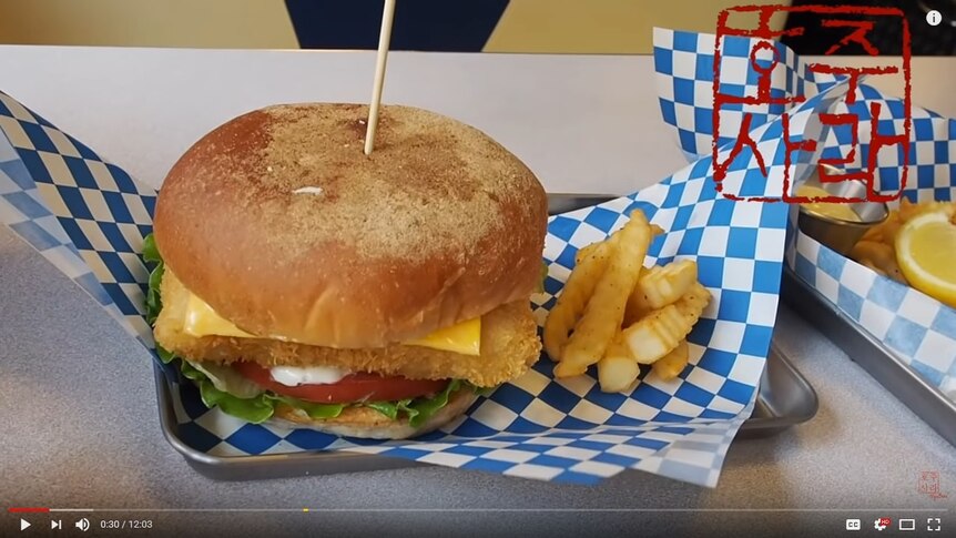 A fishburger sits on blue and white paper with a handful of fries