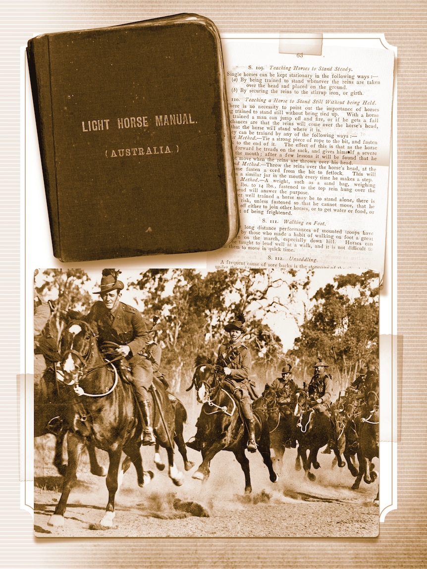 A small leather book, the Light horse manual, with newspaper clippings showing soldiers on horses.