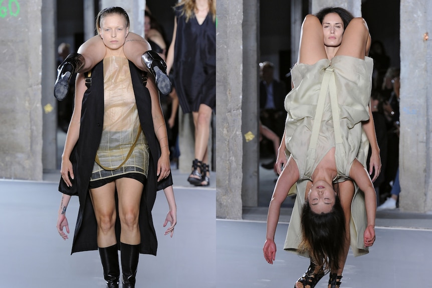 A composite of 2 photos of models on a runway, one has a person on their back and the other has a person strapped to their front