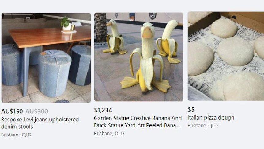 facebook marketplace adds including jean stools, banana duck penguins, and pizza dough