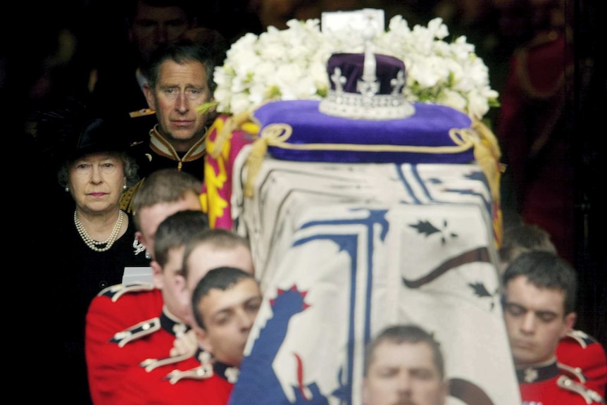Britain's Queen Elizabeth walks behind her mother's coffin.