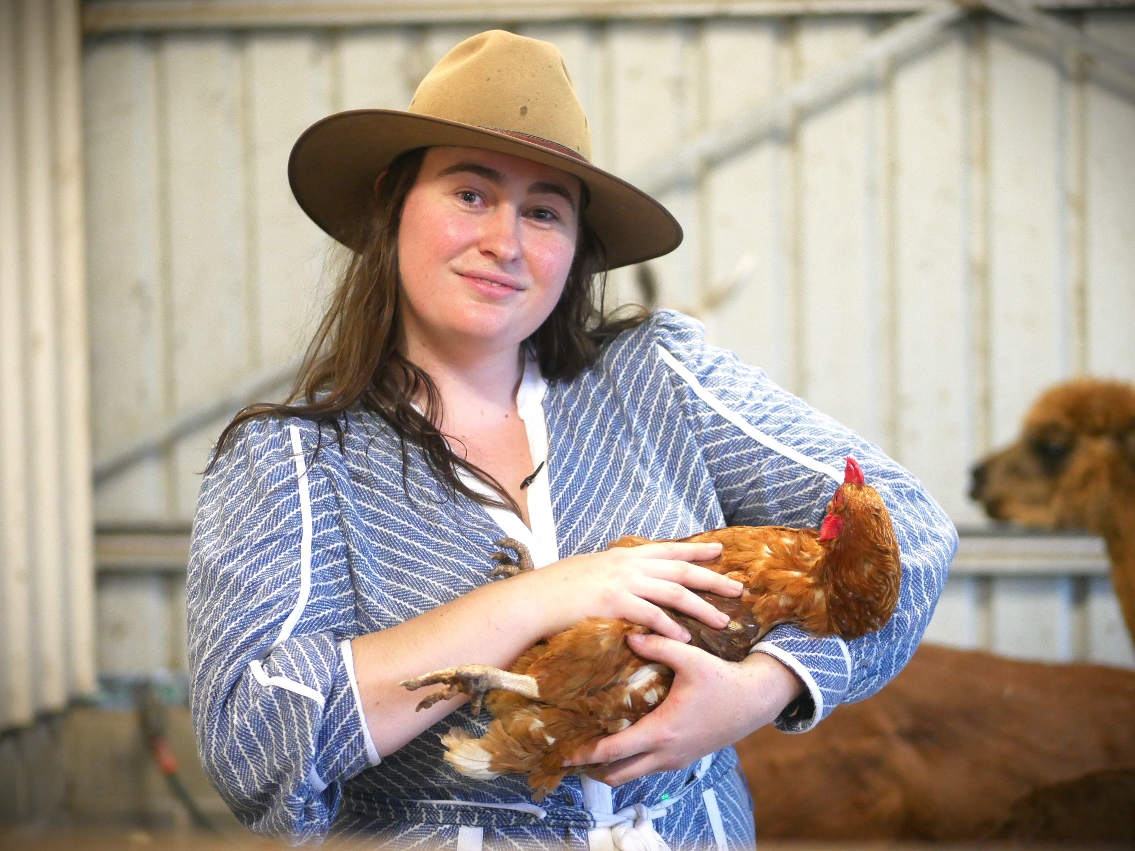 Mujer sosteniendo un pollo