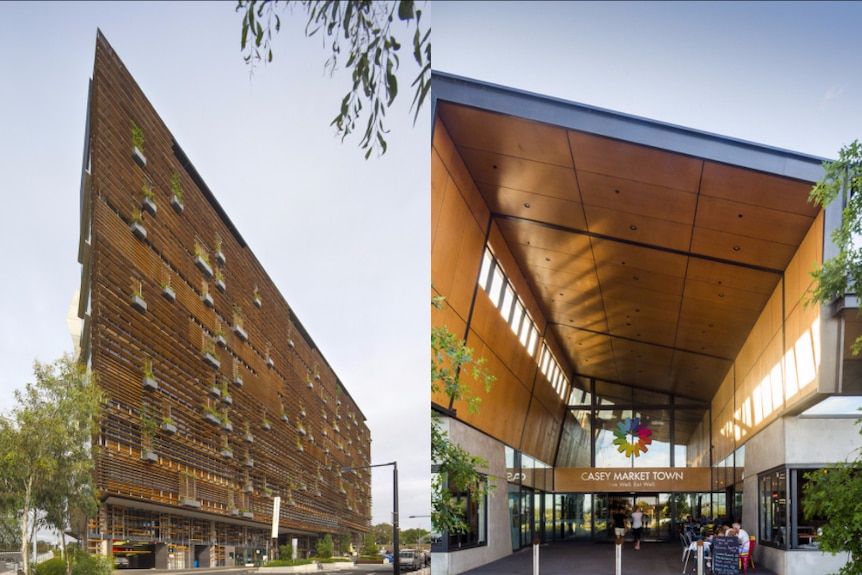 Composite images of the corner of the New Acton Nishi mixed use building and the entrance of a market shopping village.