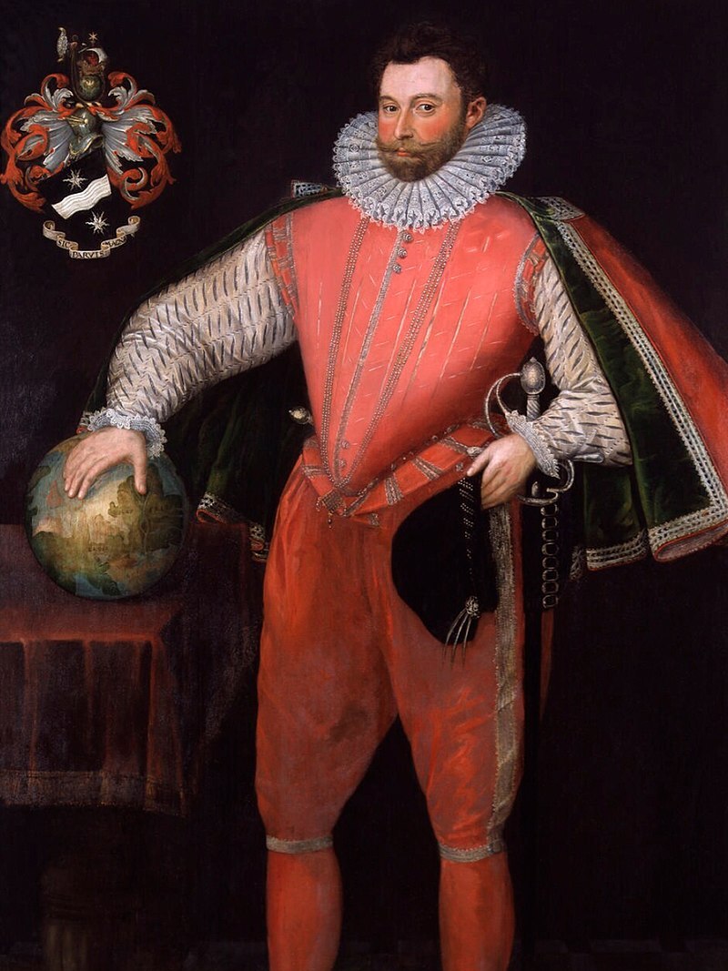 Painting of English sea captain Sir Francis Drake, a man with a beard from the 1500s in a red suit with cape and ruff.