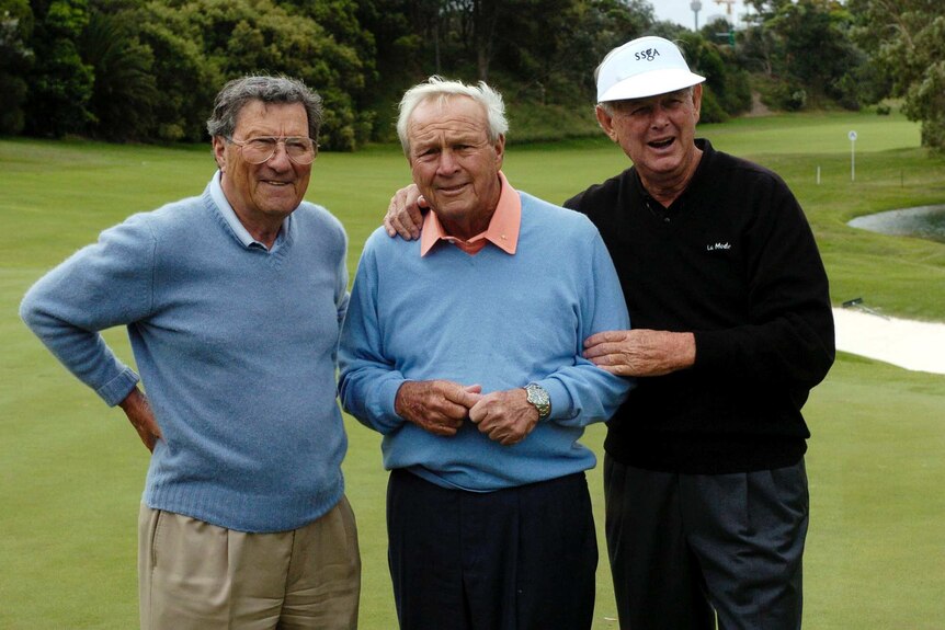 Peter Thomson posed for a photo with Arnold Palmer and Bruce Devlin.