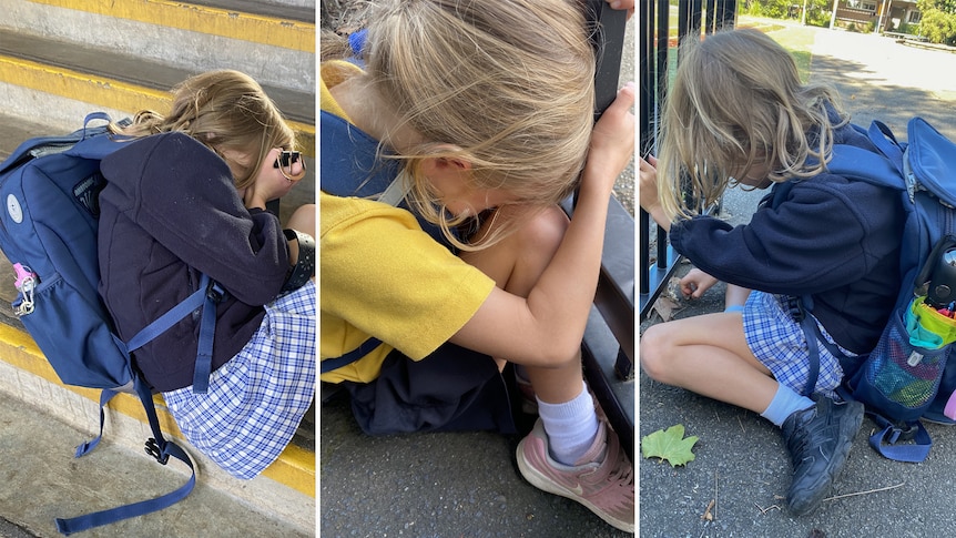 A composite of three images, of a young girl in a school uniform, clinging to school gates or lying on steps.