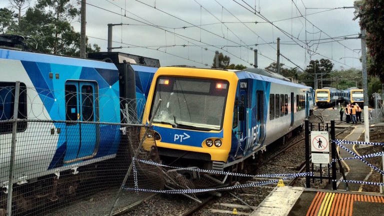 A derailed train at Hurstbridge Station in Melbourne's north-east.