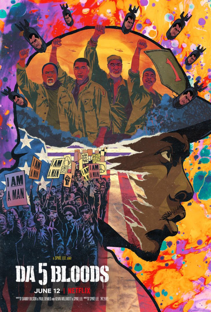 A colourful illustration of crowd of protestors, four soldiers with raised fists collaged into side view of man wearing helmet.