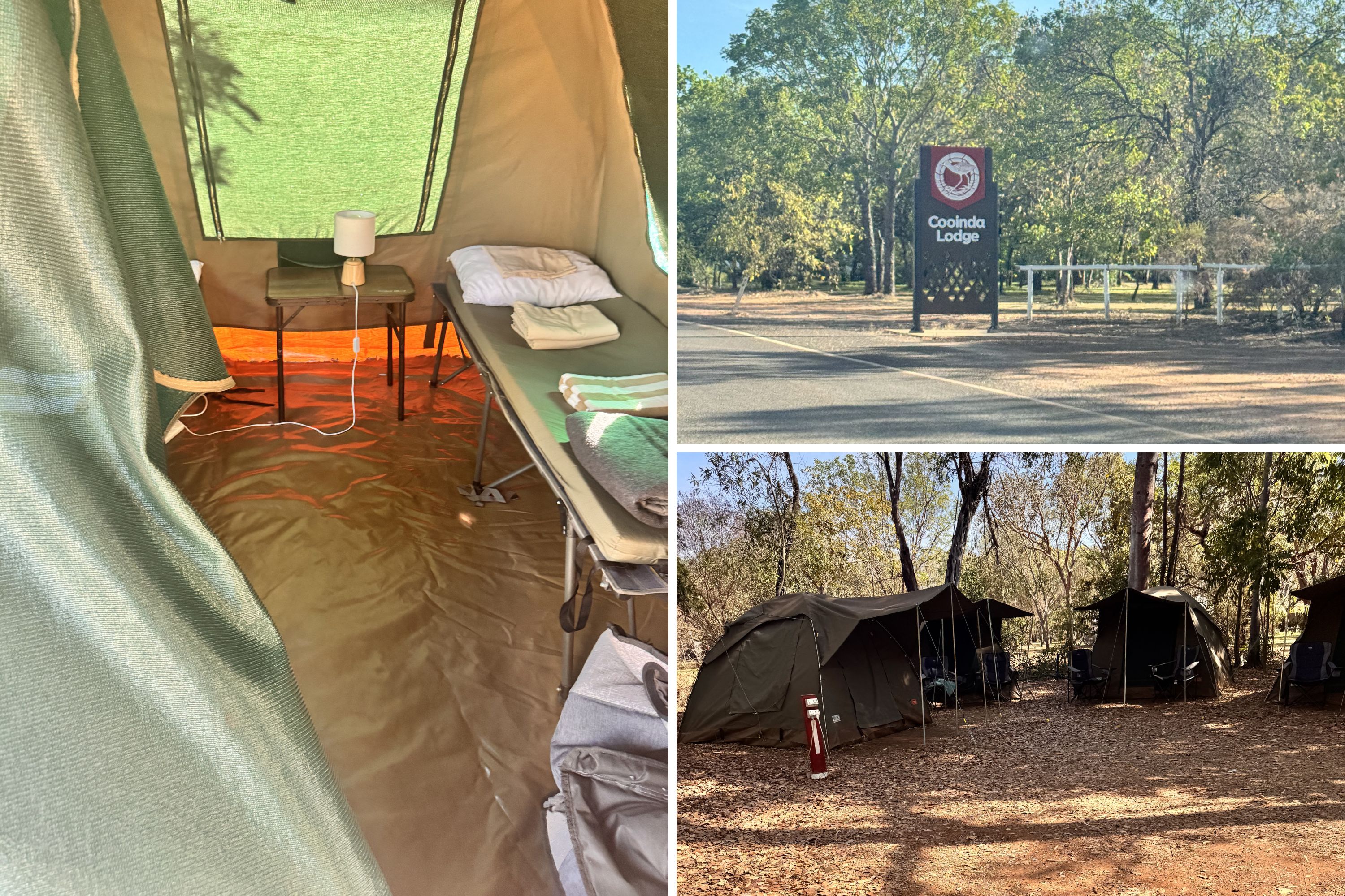 Tents and a welcome sign at an accommodation facility in a national park.