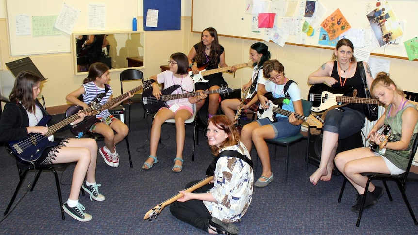 A guitar workshop at Girls Rock! Canberra.