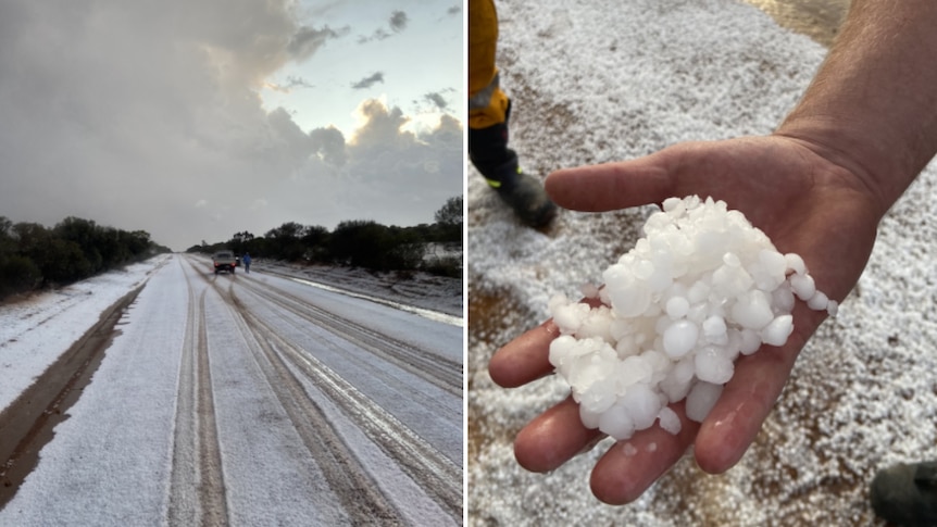 Hail on a highway and in a man's hand