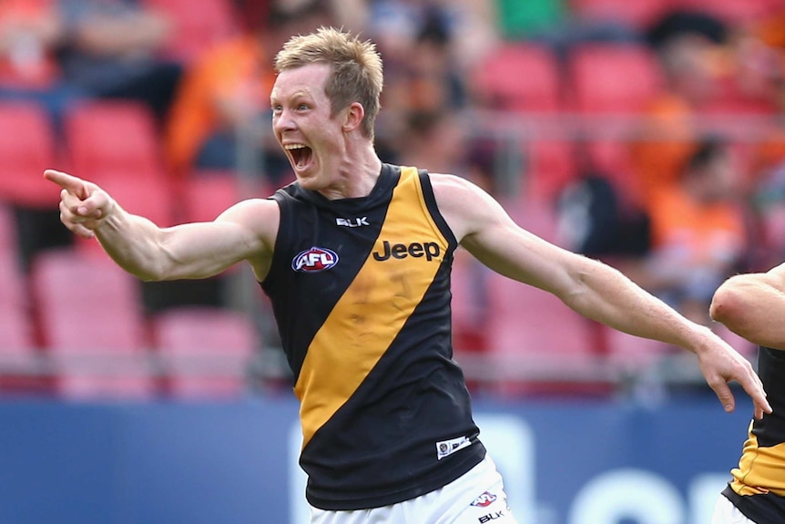 Richmond's Jack Riewoldt celebrates a goal against GWS in May 2014.