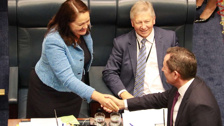 A high shot showing new WA Liberal leader Liza Harvey shakes hands with Premier Mark McGowan in the Legislative Assembly.