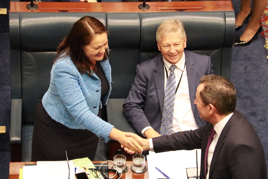 A high shot showing new WA Liberal leader Liza Harvey shakes hands with Premier Mark McGowan in the Legislative Assembly.